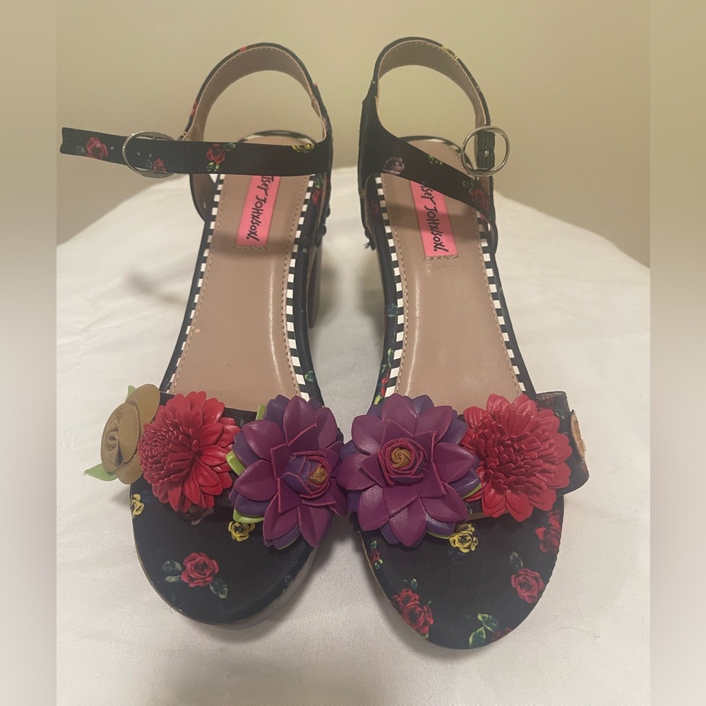 Betsey Johnson Black Floral Ankle-Strap Sandals with Red & Purple Flower Accents